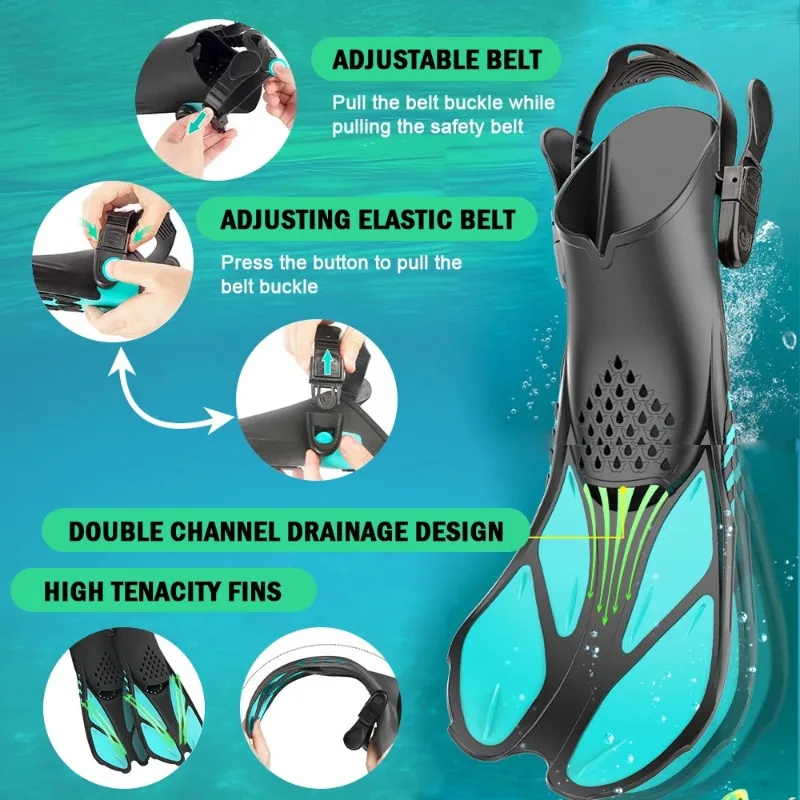 Aletas de Snorkel para hombre y mujer, zapatos de rana de buceo, ajustables, de silicona, tamaño de viaje, tacón abierto, para adultos, jóvenes y niños