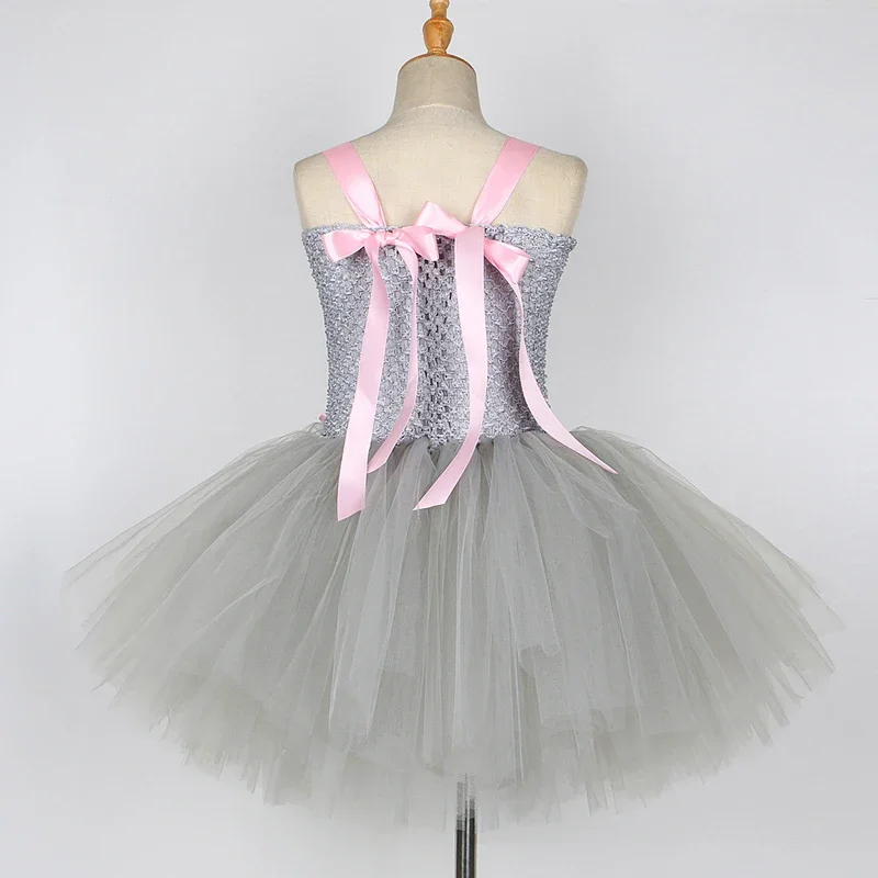 HN8 Baby Girls Gray Mouse Tutu Dress for Kids Halloween Rat Costumes Children Animals Outfits Birthday Clothes with Ears Bow)4Dc