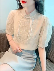 #3342 Summer Beige Vintage Chiffon Blouse Women Puff Sleeve Chinese Style Cheongsam Chiffon Blouse Femme Sequined Sexy Rero Thin