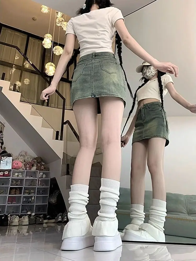 Retro Washed Denim  Skirt Slimming Versatile Cool Sweet Half-length Summer New Style Spicy Girl with  Soft Jeans