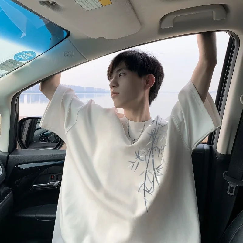 

Мужские хлопковые футболки с короткими рукавами и креативным принтом, повседневные бамбуковые свободные уличные футболки в китайском стиле, большие топы с круглым вырезом и половиной рукавов