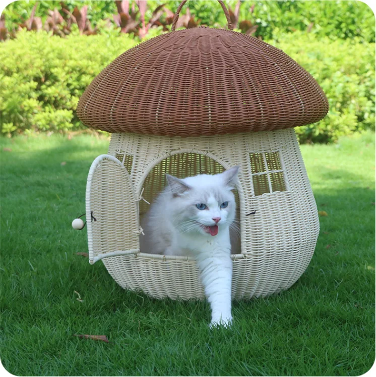 China Outdoor Home Breathable Dual-Use Pet Bed Rattan Woven Bed Mushroom House Cat Nest