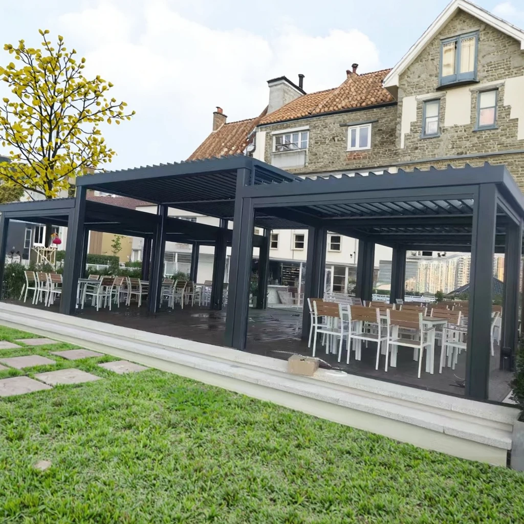 Luxury Aluminum Bioclimatic Pergola Opening/Closing Roof LED Electric Waterproof Rot Proof Eco-Friendly Outdoor Garden Structure