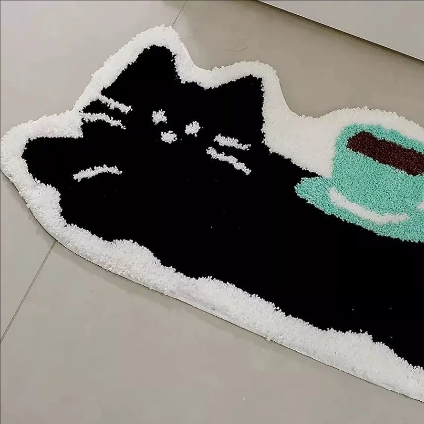 حصيرة أرضية لطيفة على شكل قطة سوداء مع تصميم فنجان القهوة سجادة ناعمة متدفقة لمنطقة أريكة السرير سجاد ماص مانع للانزلاق ممسحة