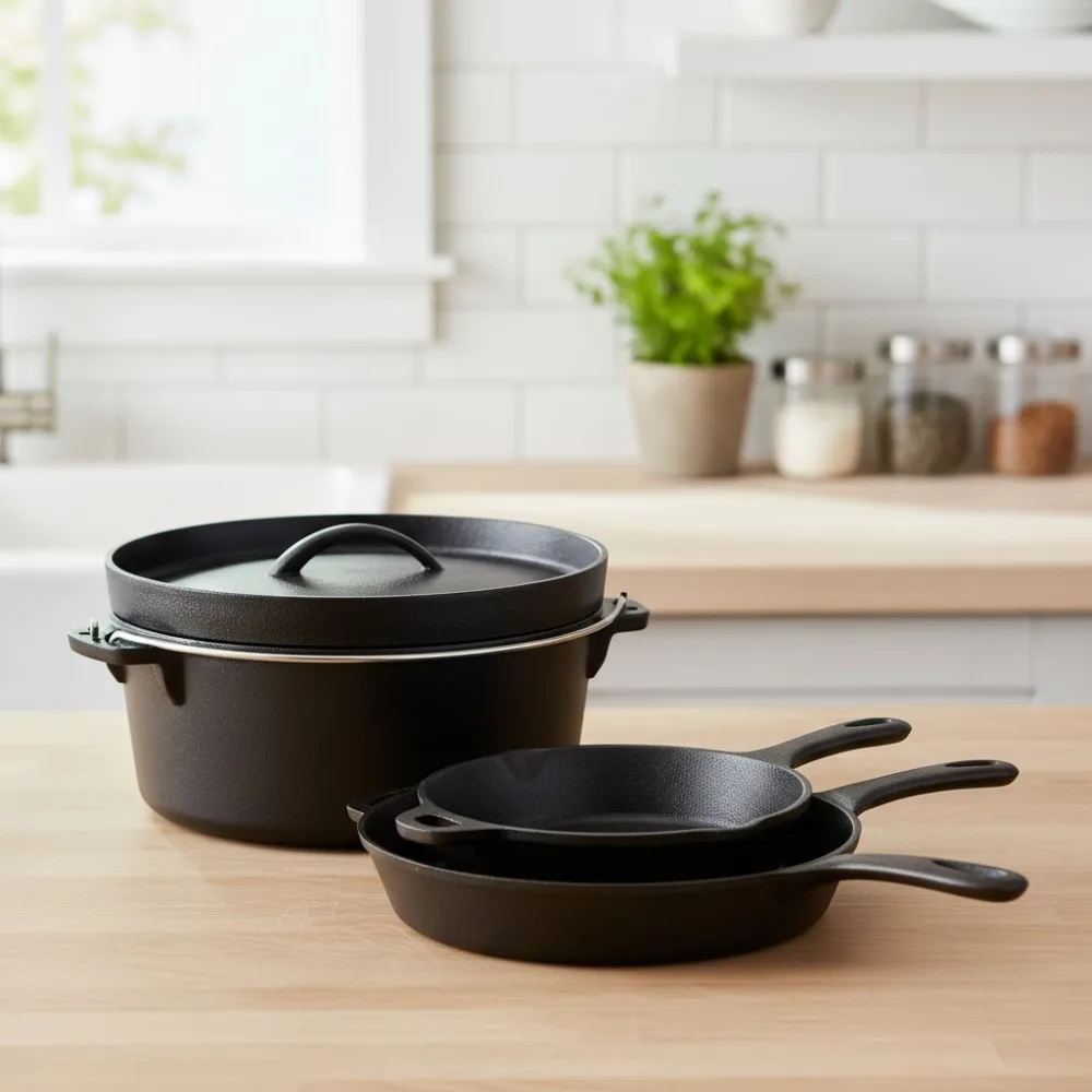 

5-Piece Pre-Seasoned Cast Iron Cookware Set - Even Heat Distribution, Oven Safe Kitchen Pots & Pans