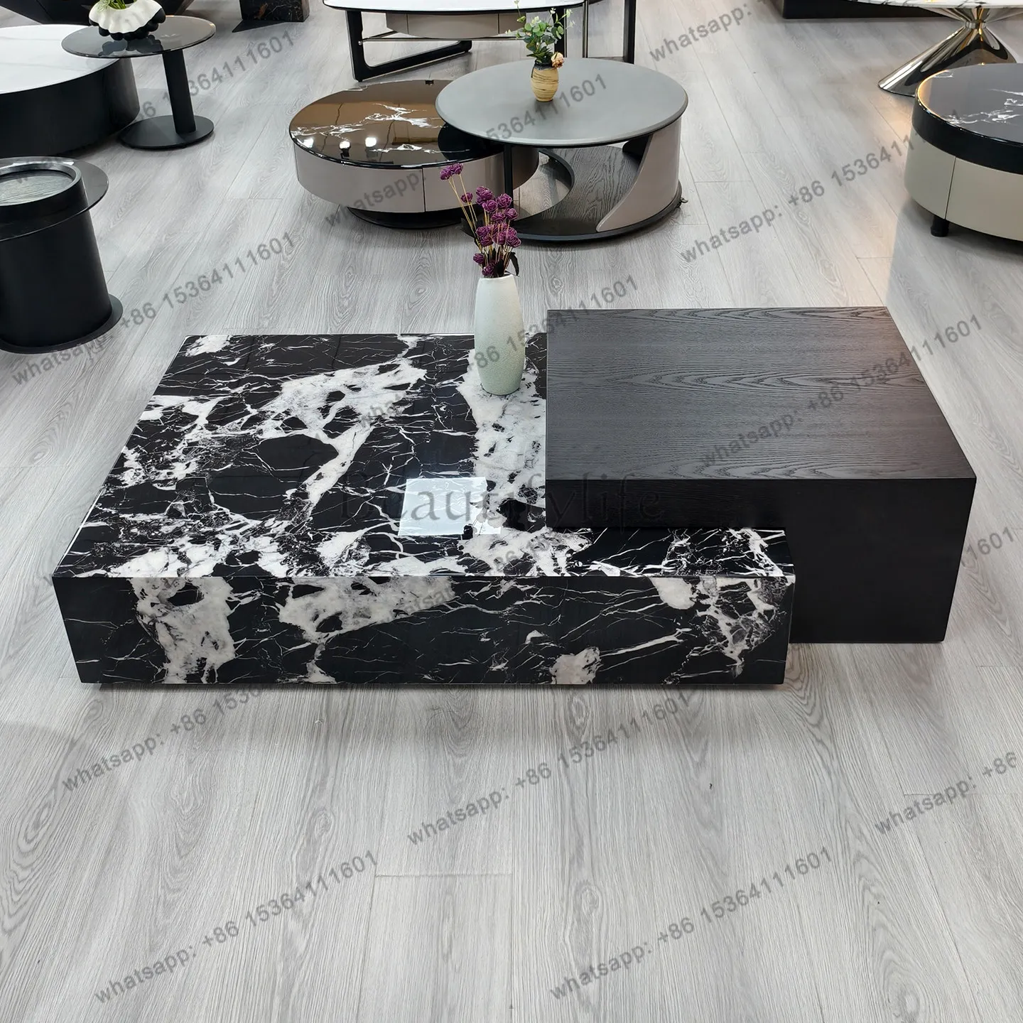 

High and low combination creative living room marble coffee table Italian simple square solid wood light luxury tea table