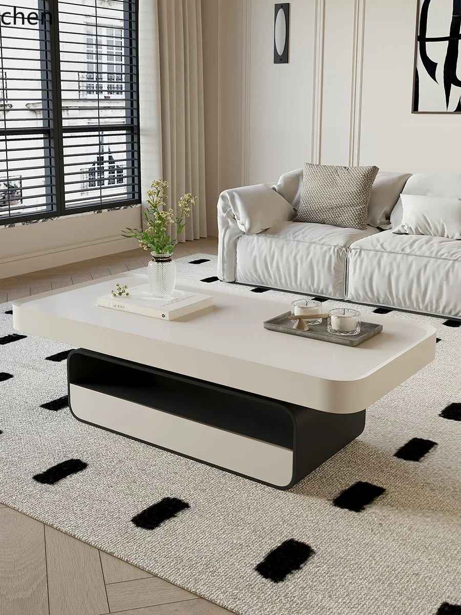 H5.26 modern simple coffee table living room household small apartment rock slab solid wood paint coffee table view 3