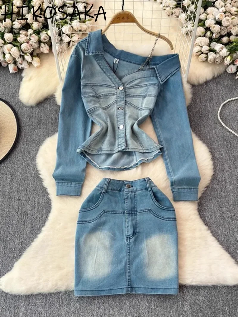 Retro Hong Kong Style Irregular Skew Collar Chain Long Sleeve Denim Top High Wasit Sexy Package Hip Mini Skirts Two-piece Set