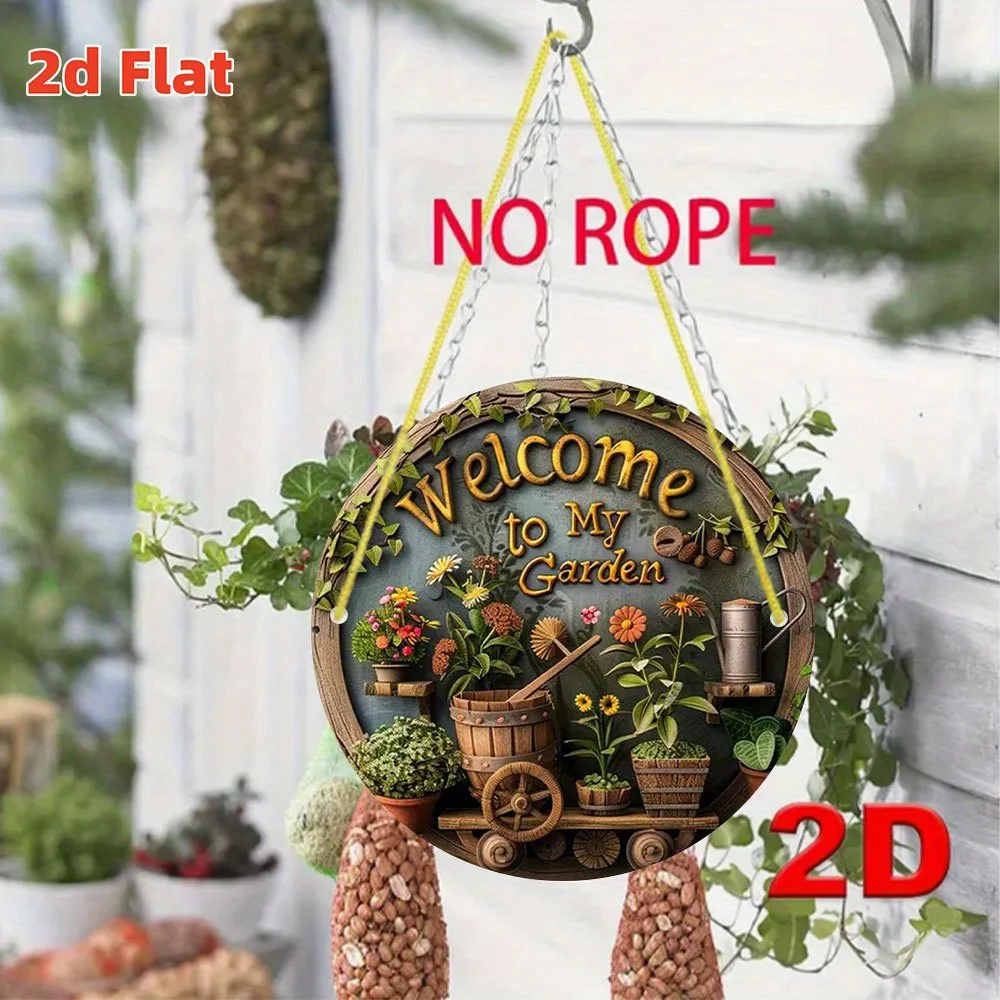 2D Flat My Garden Welcome Sign, Retro Round Metal Sign/Wall Art Decorative Sign, Durable Indoor/Outdoor Wreath Hanging Sign Home