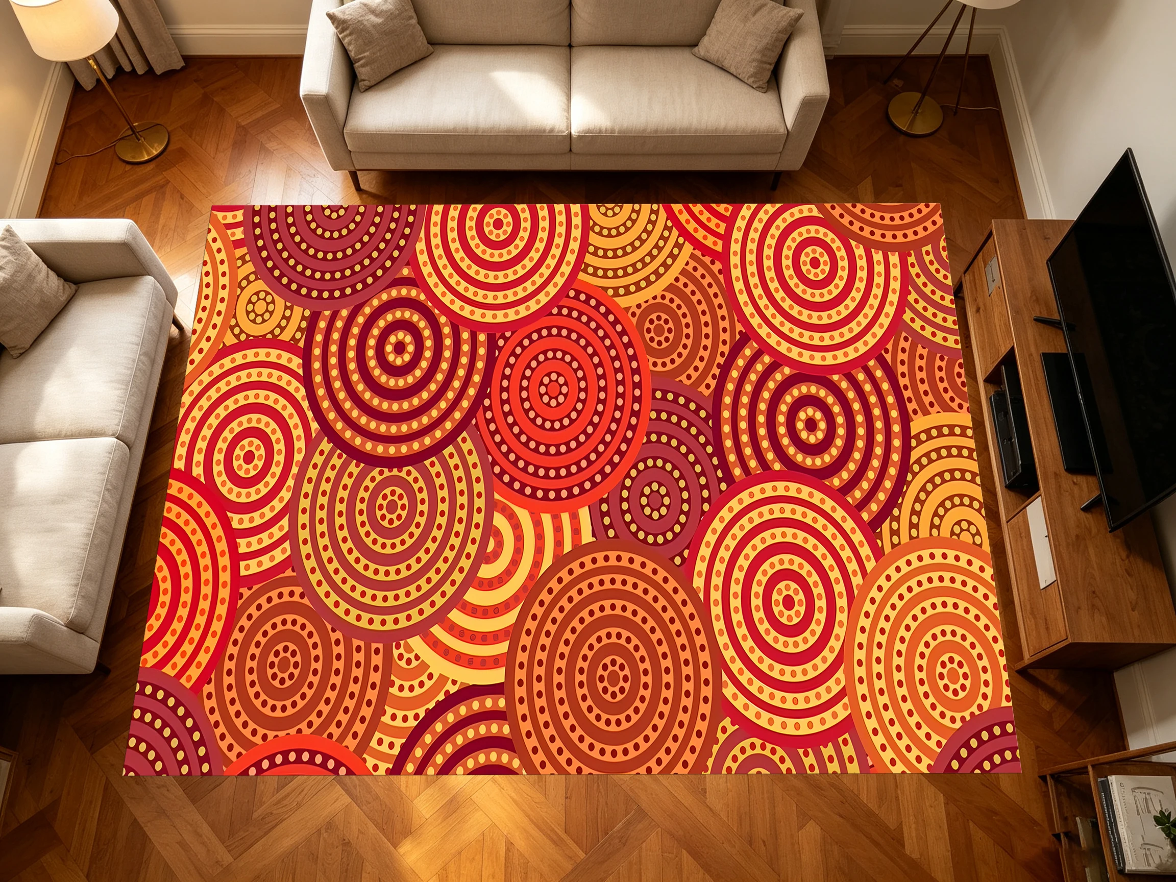 2D Carpet with Warm Orange Concentric Ring Pattern in Retro Ethnic Style for Living Room and Bedroom