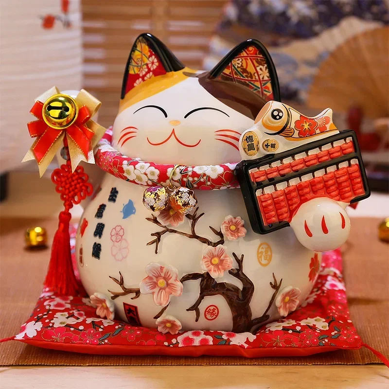 8 Inch Ceramic Lucky Cat Maneki Neko Fortune Cat Statue FengShui Ornaments Handicraft Money Box Home Decoration Business Gifts