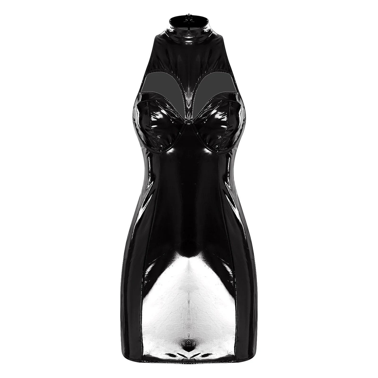 Minivestido de cuero PU con aspecto mojado para mujer, cuello simulado, sin mangas, sujetador push-up calado, vestido ajustado de tubo, ropa para fiesta de Raves