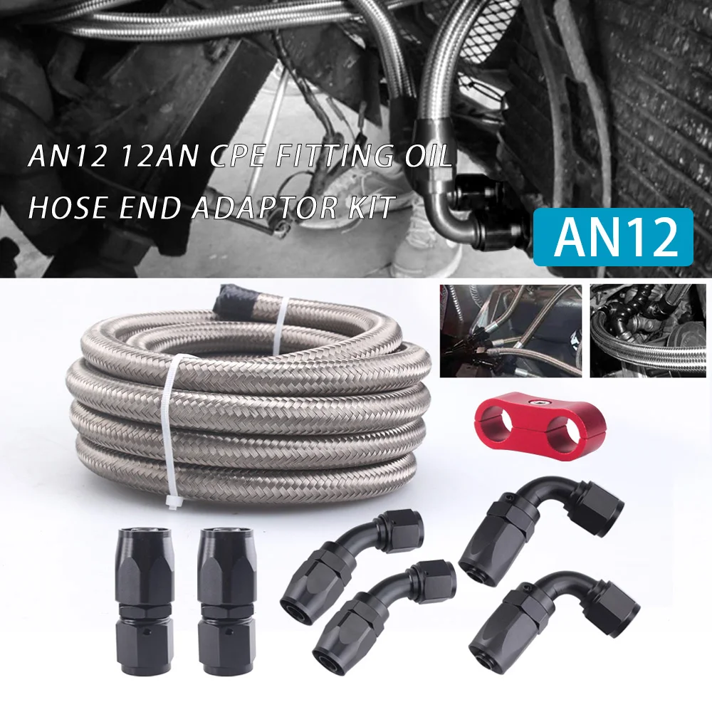 

Fitting Adapter AN12 Stainless Steel Braided Brake Gas Oil Fuel Line Hose Oil Cooler Pipe Hose with 7pcs Hose End Fitting