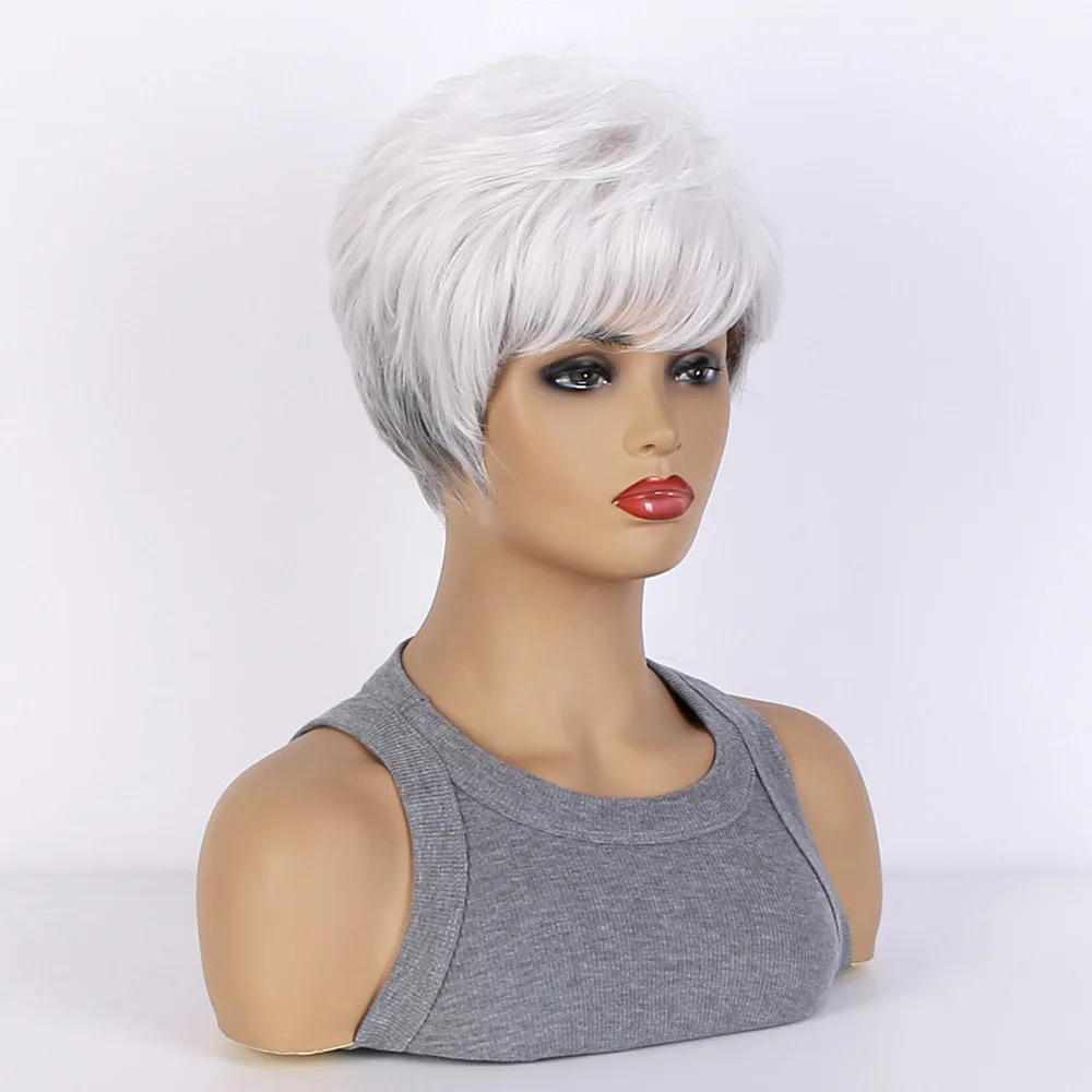 Synthetic  Short Mixed Gray White Wigs for Women Layered Pixie Cut Wigs with Bangs Wigs for White Women Fake Hair