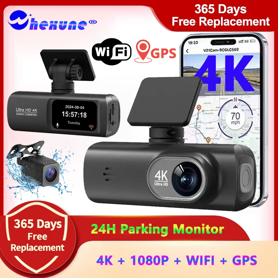 UHD 4K Dash Cam Dual Lens Driving Recorder Car DVR 1080P Rear Lens Camera Built-In WiFi GPS 24-Hour Parking Monitoring Black Box