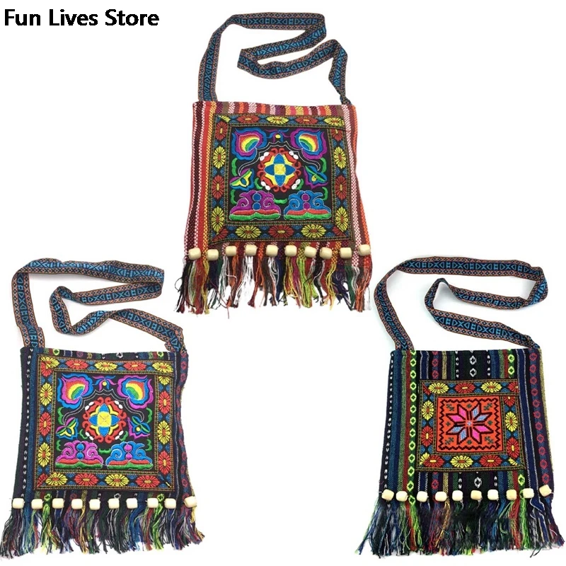 Hmong Tribal Ethnic Purse Thai Indian Boho Shoulder Bag Vintage Message Bags for Women Embroidery Tapestry Tote Tassel Handbags