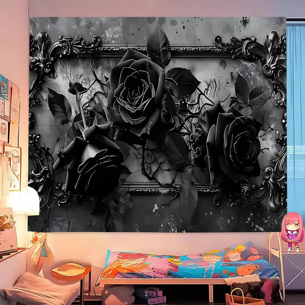 Popular Flower Black Rose Retro Elegant Printed Large Wall Tapestry Art Science Fiction Room Home Decor Decor Blanket