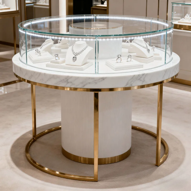 custom.Custom Premium Circular Tempered Glass Jewelry Vitrine Stylish Round Showcase Luxury Store Interior Modern Interior S