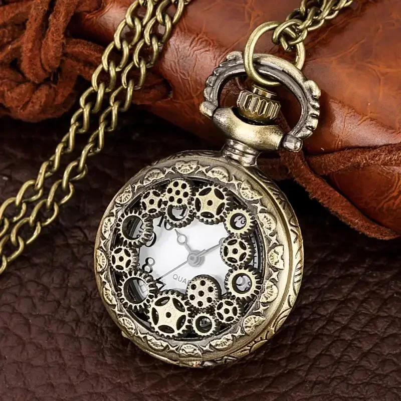 

Antique Hollow-out Gear Wheel Cover Men Women Mini Quartz Analog Pocket Watch with Sweater Necklace Chain Timepice Gift