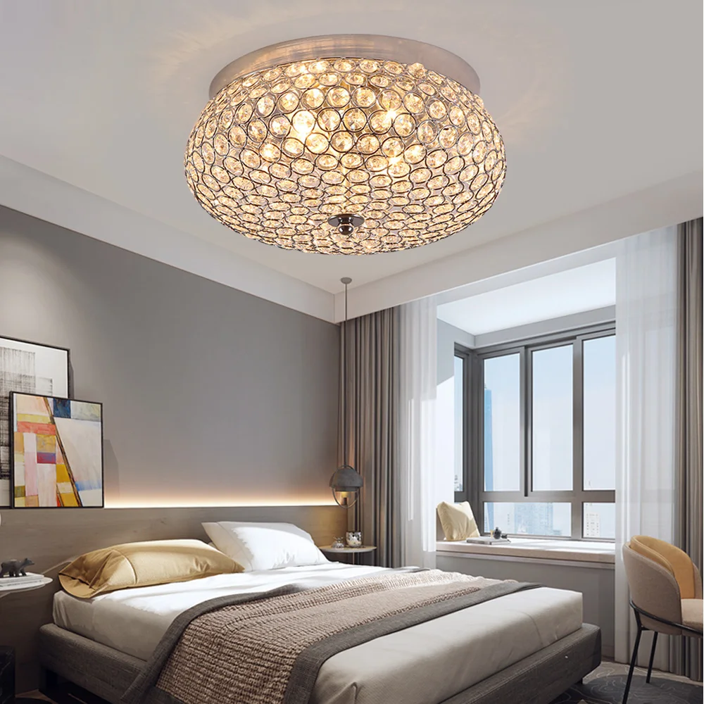 Crystal Ceiling Light LED Modern Luxury Flush Mount Chandelier Home Decor Lighting Fixture for Living Room Bedroom Round 30cm