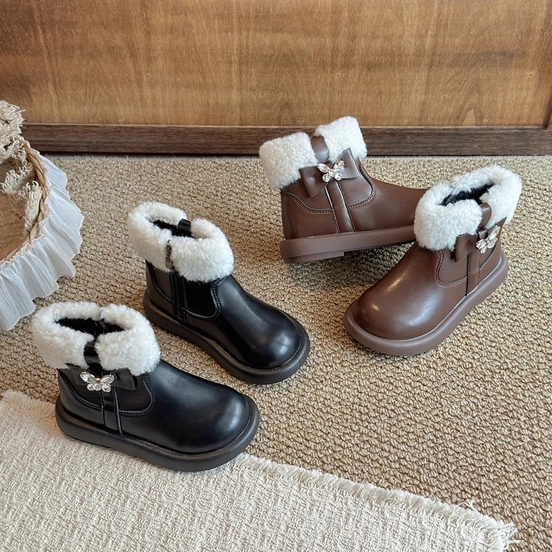 Little Girls Cozy Plush Leather Boots 2026 New Winter Kids Ankle Boots Non-slip Classic Princess Girls School Christmas Party