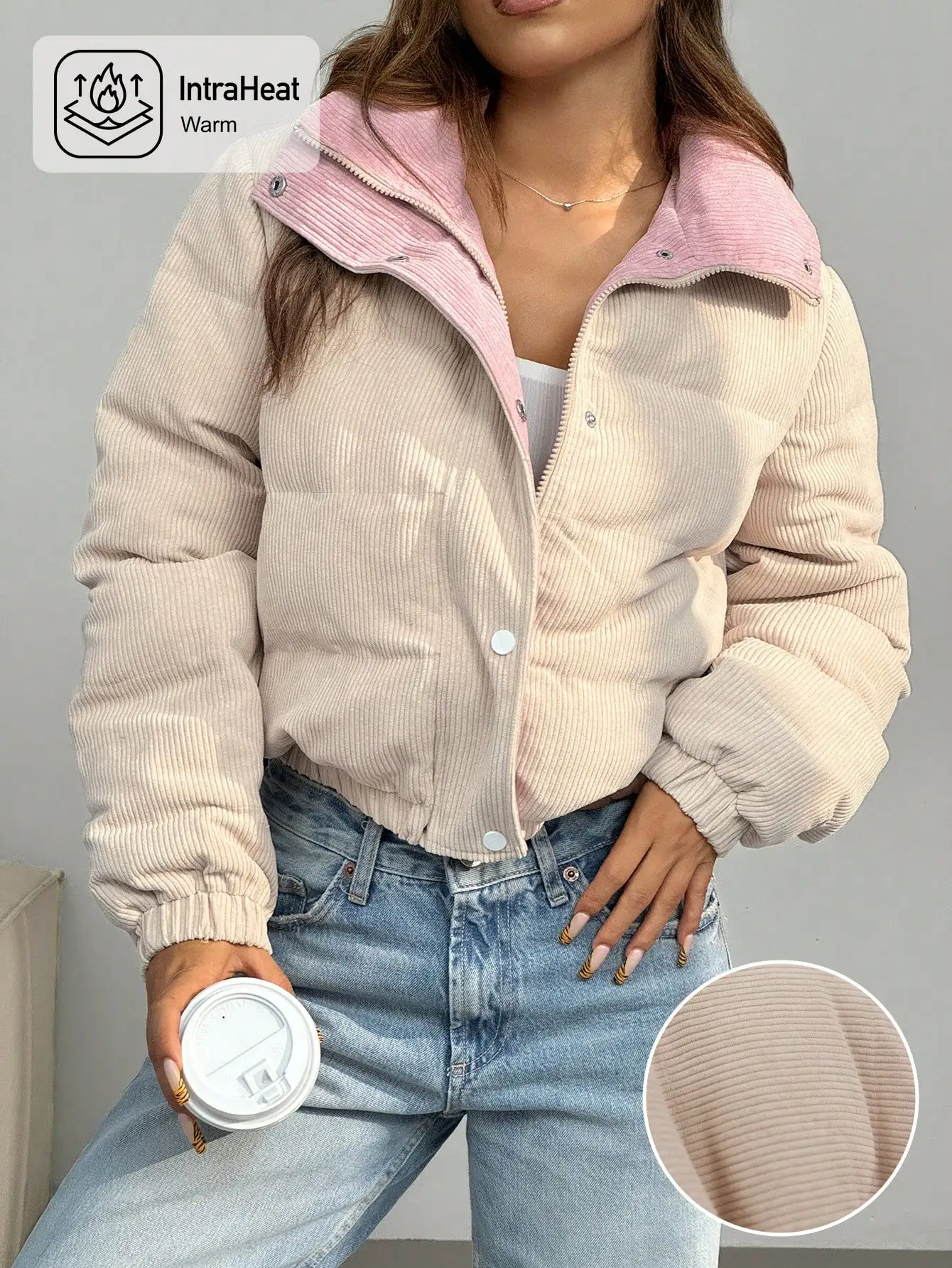 

Женская вельветовая стеганая куртка с застежками на пуговицах и теплой подкладкой, осенне-зимний стиль