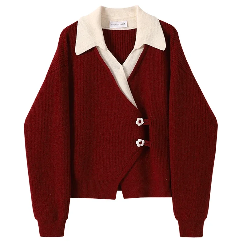 

2025 New Red Color Loose Cardigan Fake Two-piece Patchwork Creative Designed Sweater Sweet Youth Girls Turn Down Collar Knitwear