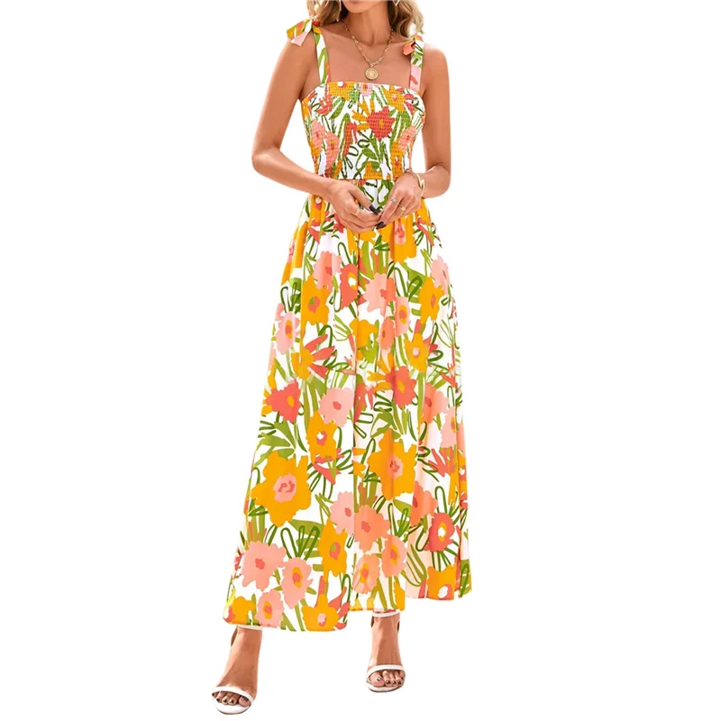 ABRT-robe longue smockée sans manches pour femmes, style Boho, bretelles Spaghetti, ligne A, robe de plage fluide, été