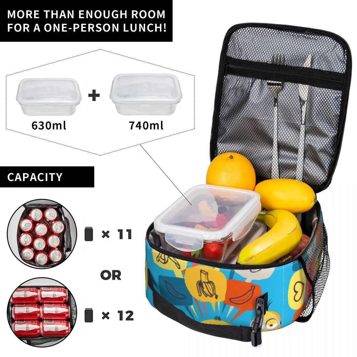 Minions Insulated Lunch Bag Cooler Bag  Lunch Container Dave Otto Kevin Large Lunch Box Tote Food Bag Work Outdoor