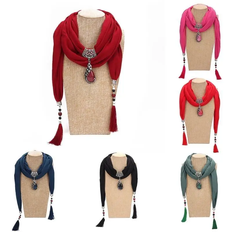 652F 200x40cm 여성 빈티지 솔리드 컬러 민족 스타일 스카프 워터 드롭 공작 구슬 P