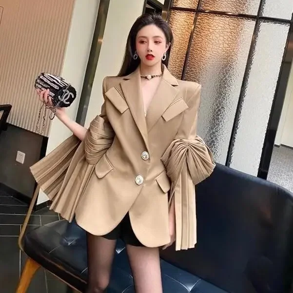 Women Blazer Designer New Fashion Ruched High Street Spring Autumn Full Notched Puff Sleeve High Street Women Coat Luxury