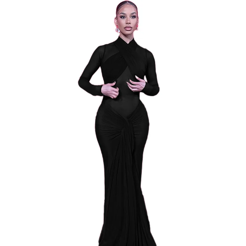 Sexy Spice Girls maille Perspective épissage col rond taille haute robe cintrée 2025 printemps été nouvelle mode vêtements pour femmes