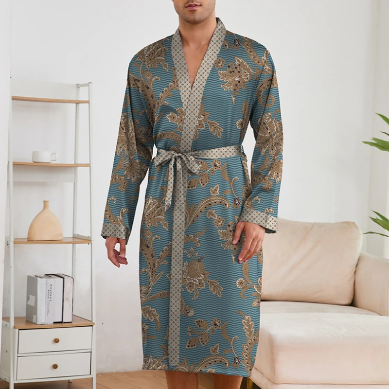 Casual Men's Pajama Sets Elegant Printed Long Sleeve Robe & Shorts Nightgown Set For Daily Wearing Sleepwear Suit