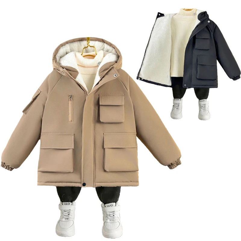 

-30℃ 2025 Winter New Boys Jacket Solid Color Berber Fleece Lining Thick Keep Warm Hooded Parka For 4-12 Years Teen Kids Snowsuit