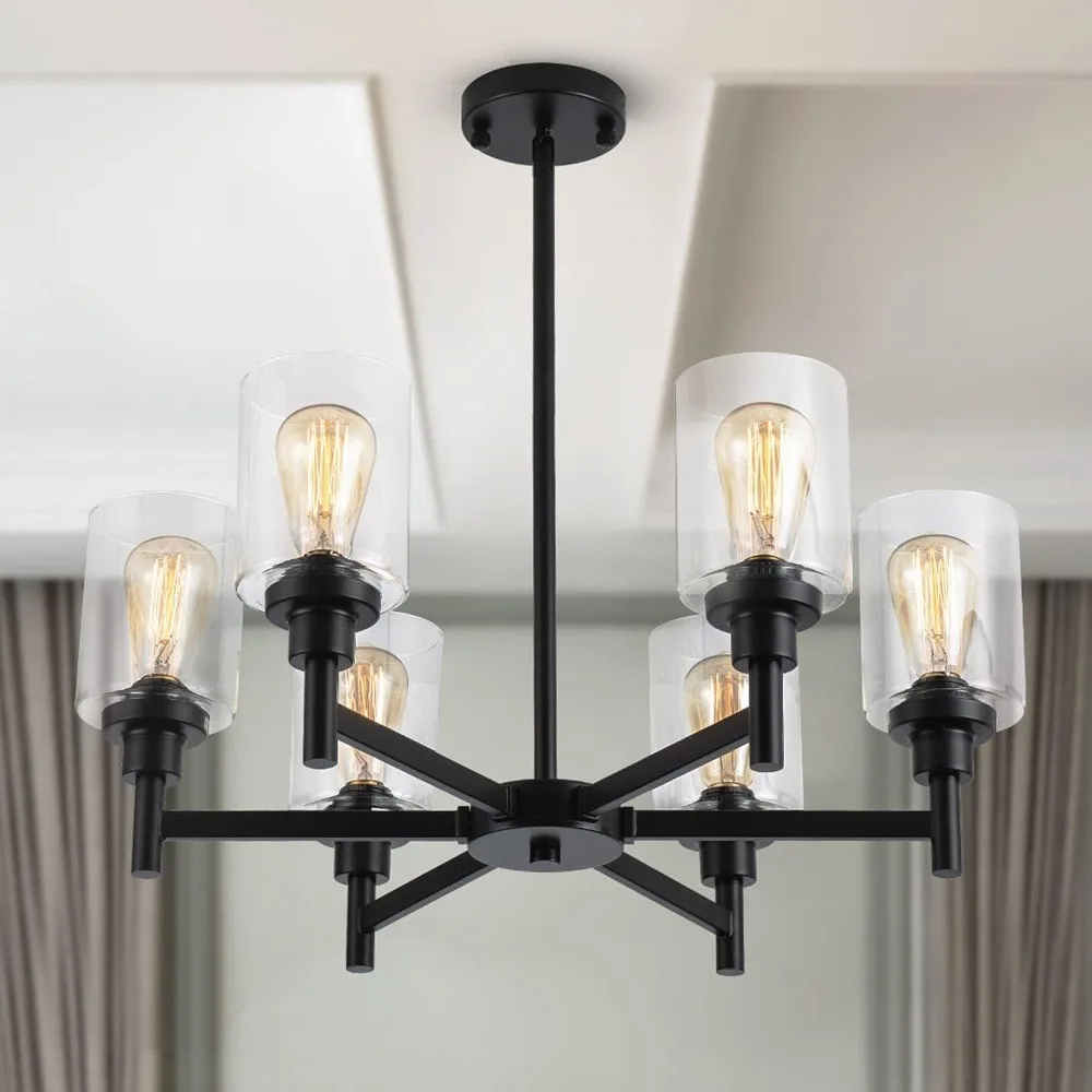 

Black Chandelier, 6 Light Farmhouse Chandeliers for Dining Room Light Fixtures Over Table, Industrial Hanging Lighting with Clea