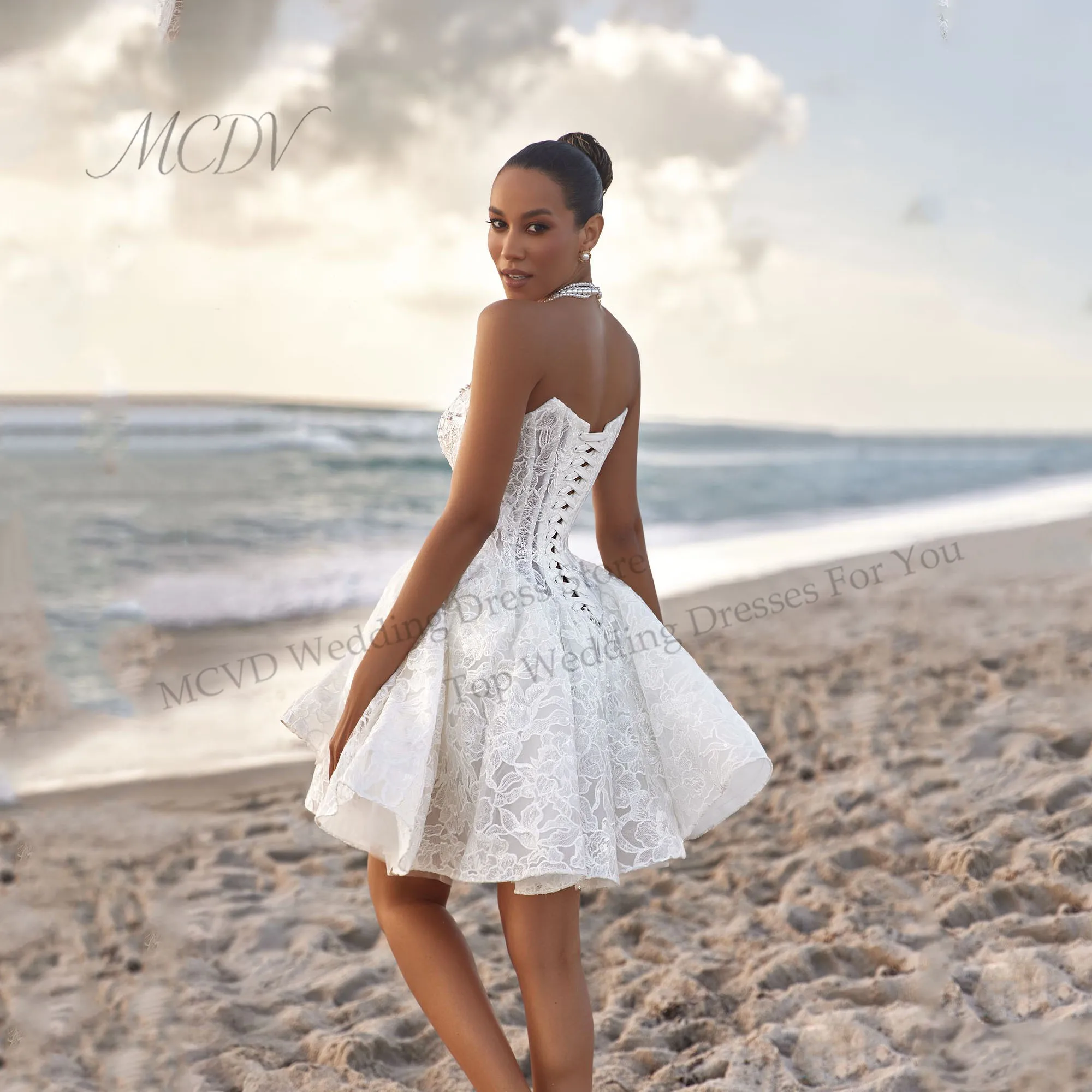 Lace Corset Mini Wedding Dresses For Woman Bridal A-LINE Strapless Sleeveless Appliques Backless Vestido De Novia Customized