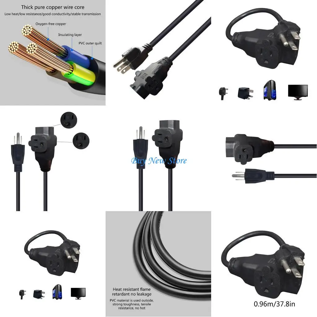 

20CE 2.9ft US Standard Male to US Standard Female 1 to 3 Power Cord 5-15P to 3x 5-15R Conversion Cable 0.9 Meter Length