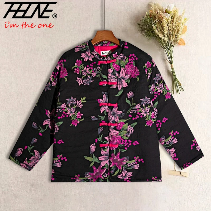 

THHONE Autumn Winter Coat for Women Parkas Vintage Indie Folk O Neck Chinese Style Long Sleeve Loose Casual Clothes Female Top