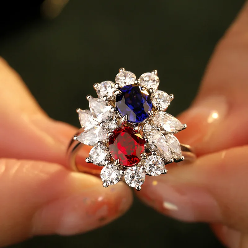 Special Design Lab Grown Ruby & Sapphire Oval Cut Multi Color Gemstone Silver Ring Couple Ring For Party Wedding Anniversary