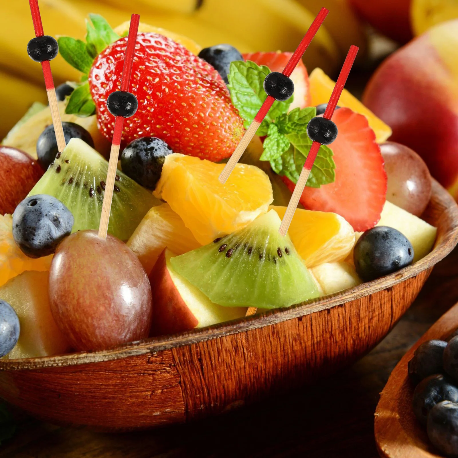 

100pcs Bamboo Fruit Round Bead Design Food Grade Disposable Cocktail Appetizer Picks For Party Picnic Barbecue Desserts Bamboo