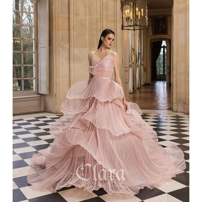 Clara personalizado tul con volantes escalonados playa A-line fuera del hombro vestido de ocasión a medida vestidos largos