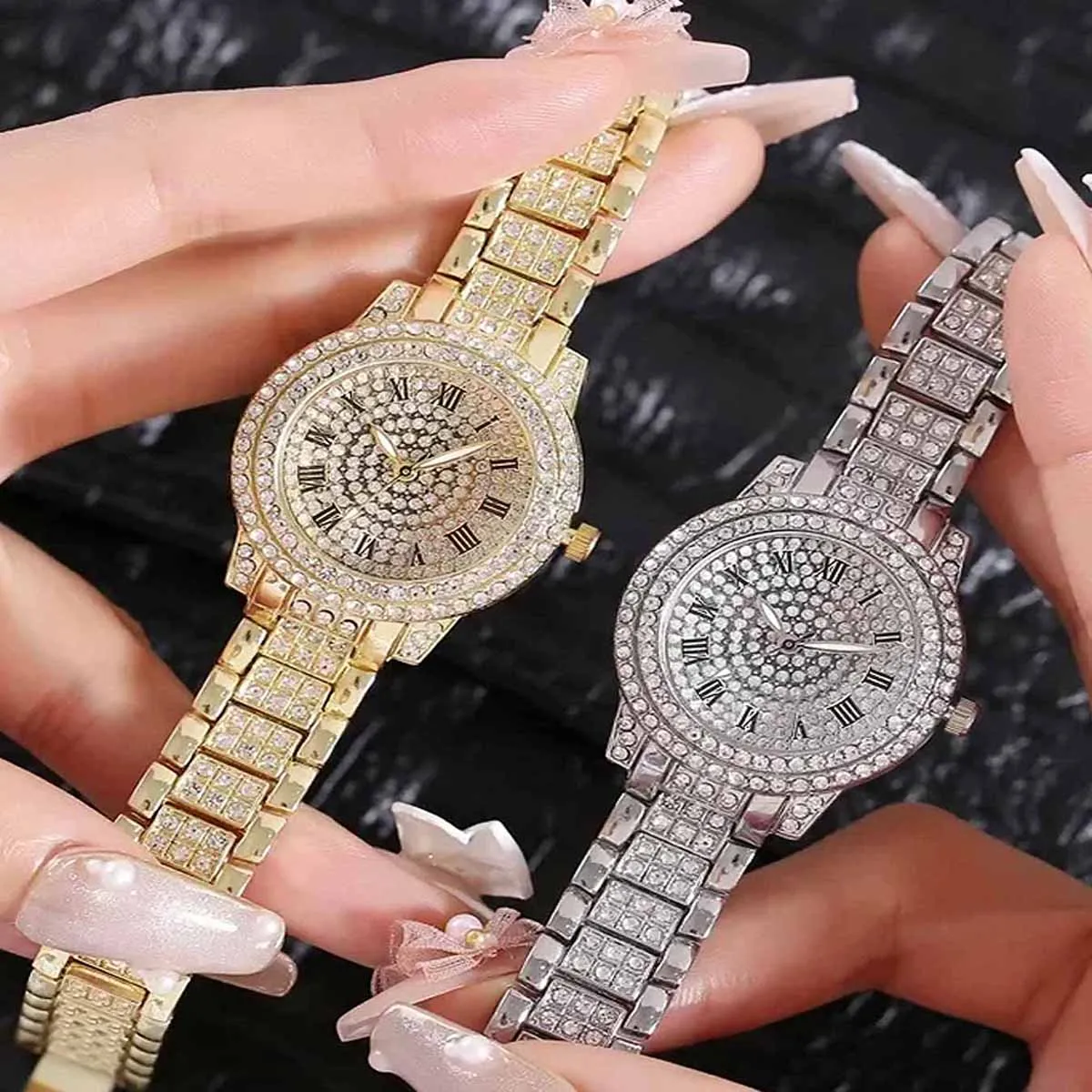 1pc-Luxury and Fashionable Rhinestone Women's Watch Gift Shiny Quartz Hand Stainless Steel Strap Quartz Watch Mother's Day Gift