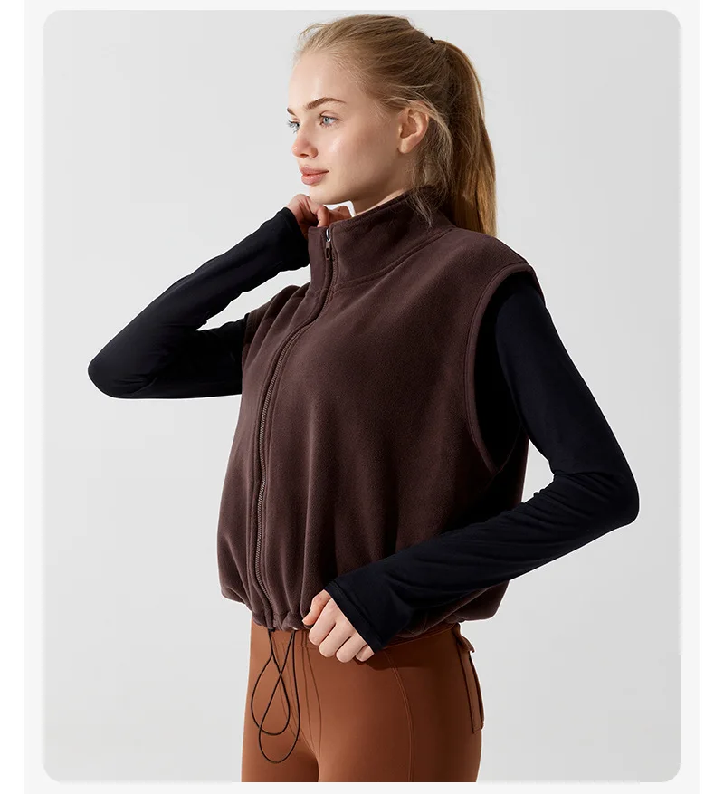 AW Winter Warm Windproof Vest Women Gym Yoga Fitness Stand Collar Drawstring Zipper Fleece Tank Outdoor Workout Keep Warm Top