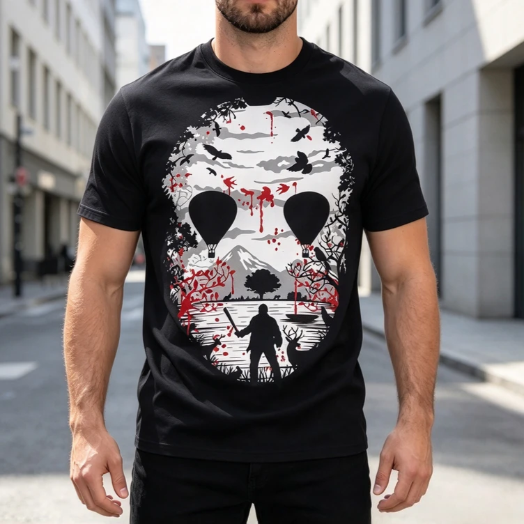 Scenic Jason Hockey Mask Horror Villain Vacation Movie Unisex Cotton Tshirt Cotton Short Sleeve Halloween Blood Print Tee