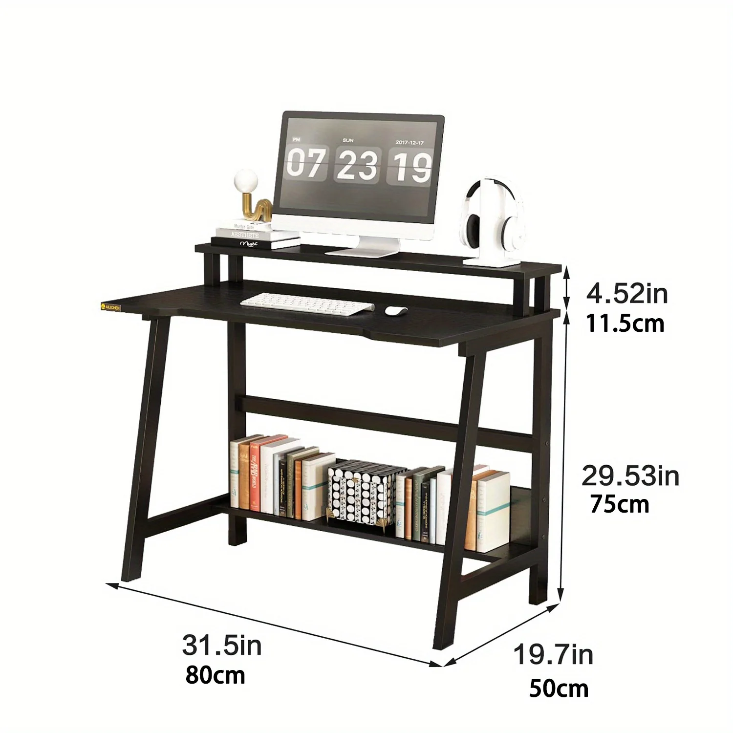 Compact Wooden Computer Desk - 31.5 Inch Space-Saving Writing Study Table with Storage, Monitor Stand