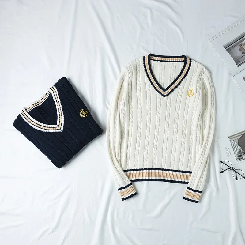 British School Uniform JK Sweater Cute Knitted New Sweater Cotton School Girls Uniform Tops Sweet Long Sleeve Sweater Blue White