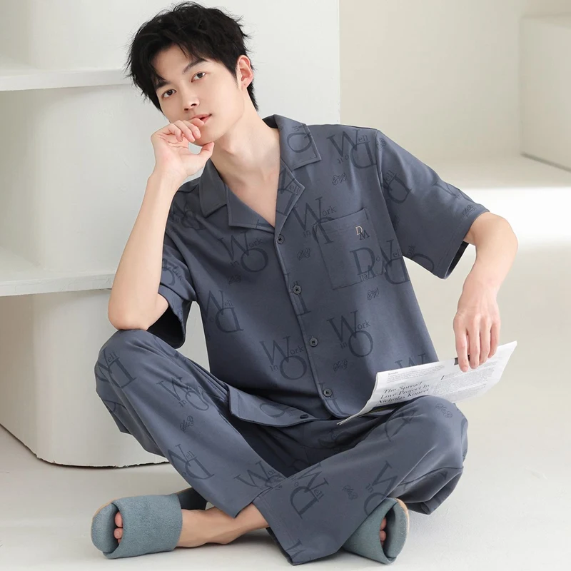 

Летний мужской пижамный комплект 2026: футболка с коротким рукавом и длинные брюки, 100% хлопок, с принтом, в корейском стиле, свободный крой, для сна и дома