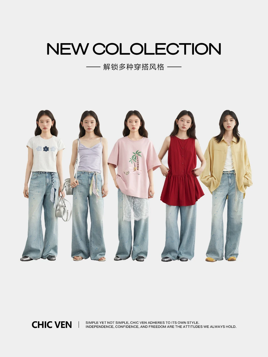CHIC VEN Women Denim Pants Casual New High Waisted Original Splashed Ink Dot Straight Leg Jeans Wide Leg Trousers Summer 2025