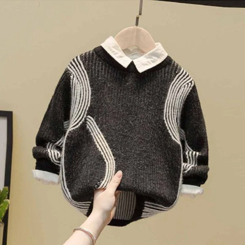 Boys Pullover Sweater 2026 Autumn Winter Thickened Fleece Lined Knit Top Warm Base Layer Shirt Trendy Kids Casual Streetwear