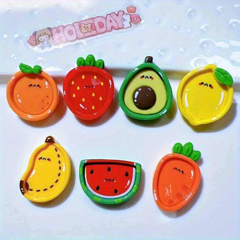 7pcs Cartoon Fruit Refrigerator Magnets - Cute Smiling Avocado, Watermelon, Kiwi & Strawberry Magnets with Green Leaves